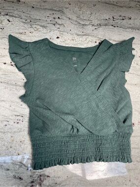 GAP Sage Dark Forest Green V-Neck Smocked Hem Flutter Sleeve Top Sz 6/7 Cotton